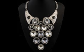 White and Grey Large Circular Crystal Statement Necklace, a dramatic,