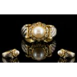 18ct Two Tone Gold - Pearl and Diamond Set Dress Ring, Flower head Setting, Solid Construction.