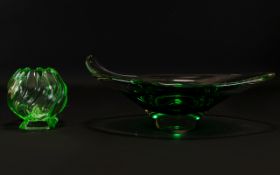 Murano Green Glass Bowl Handblown ovoid footed fruit bowl in emerald tone glass,