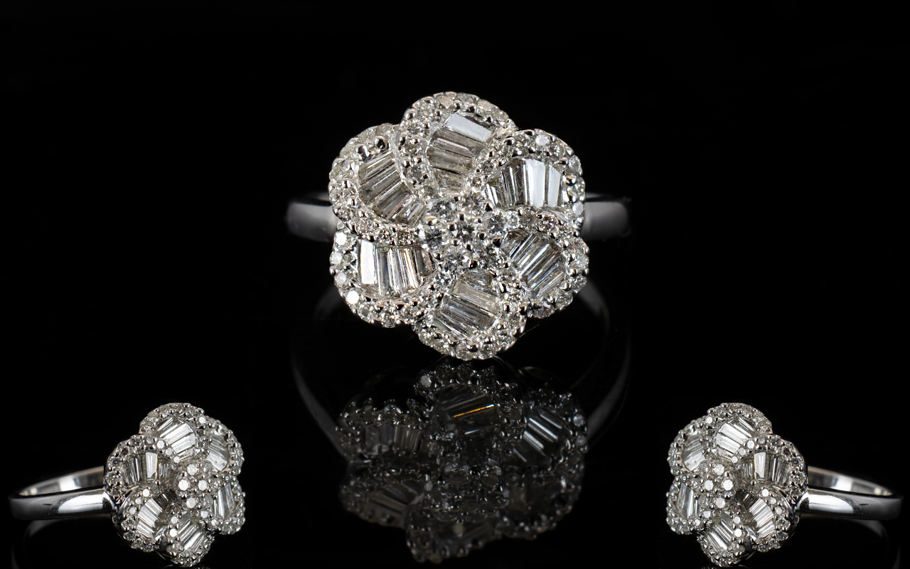 18ct White Gold Attractive and Stylish Baguette and Brilliant Cut Diamond Set Cluster Ring ' Swirl