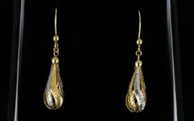 Modern / Contemporary Designed Pair of 9ct Two Tone Gold Drop Earrings. Fully Marked for 9.375. 1.