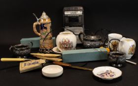 Box of Assorted Pottery including German Stein Mug, commemorative items, metal ware, tape deck etc