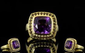 Amethyst Cushion Cut Square Ring, a 4ct amethyst of good colour, set in gold vermeil and silver,