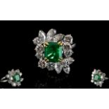 Art Deco Period 18ct White Gold - Superb and Attractive Emerald and Diamond Set Cocktail Ring,