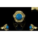 Egyptian 18ct Gold Handmade and Attractive Turquoise and Diamond Ladies Cluster Dress Ring, The