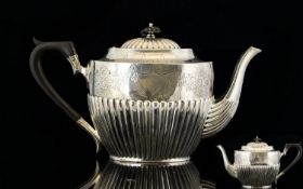Victorian Period Good Quality Solid Silver Ornate Teapot - Classic Shape with Half Fluted Body Which