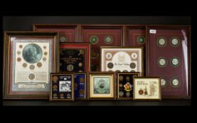 A Collection Of Framed Coin Sets To include Penny Farthing, Coins Of The Realm 1548 -1967,