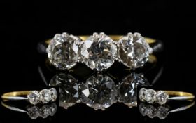 18ct Gold and Platinum Set 3 Stone Diamond Ring, The Cushion Cut Diamonds of Excellent Colour.