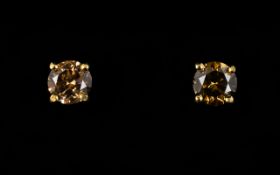 Pair Of 18ct Gold Diamond Stud Earrings, Champagne Coloured Round Modern Brilliant Cut Diamonds,