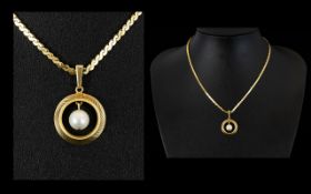 9ct Pearl Set Pendant Drop Attached to a 9ct Gold Chain, Serpentine Design.