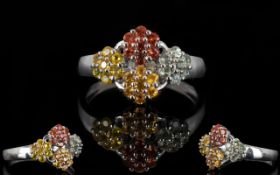 Green, Orange, Yellow and Sunset Sapphire Flower Cluster Ring,