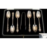 1920's Attractive Set of Six Silver Teaspoons with Matching Pair of Sugar Nips,