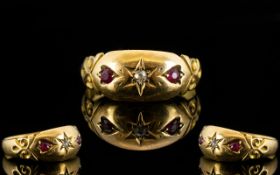 Antique Period 18ct Gold 3 Stone Diamond and Ruby Ring, Nice Design but Small Size.