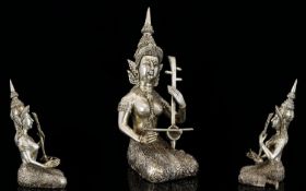 Indian - Cast Silver Statue / Figure of An Indian Deity - Playing a Musical Instrument In a Kneeling