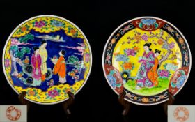 Japanese Early to Mid 20th Century Pair of Painted Enamel ( Bright Colours ) Circular Shallow