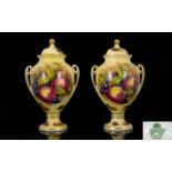 Aynsley Hand Painted Pair of Impressive Twin Handle Lidded Vases ' Fruits ' Still Life. Signed D.