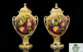 Aynsley Hand Painted Pair of Impressive Twin Handle Lidded Vases ' Fruits ' Still Life. Signed D.