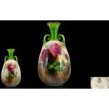 Royal Worcester Handpainted Twin Handle Vase 'Roses' Still Life. Date 1907.