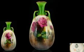 Royal Worcester Handpainted Twin Handle Vase 'Roses' Still Life. Date 1907.