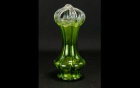 Whitefriars Style Art Nouveau Glass Vase Green hand blown vessel of fluted form with clear glass