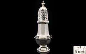 Edwardian Silver Sugar Sifter of Architectural Form and Triple Step Banded Decoration.