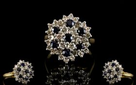 Ladies 18ct Gold Diamond and Sapphire Cluster Ring, Flower head Setting. Est Diamond Weight 1.