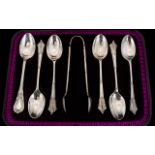 Edwardian Period Boxed Set of Six Sterling Silver Ornate Teaspoons and Matching Pair of Sugar Nips.