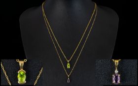 Ladies 9ct Gold Chain with Attached Amethyst Pendant Drop,Hallmarked for 9 ct - 375.