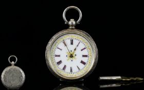 Swiss 1920's Ladies Silver Open Faced Fob Watch With fancy and ornate porcelain dial and gold