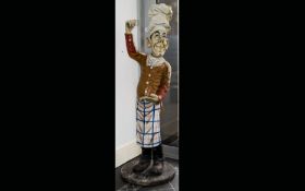 Shop Display Interest - Chef Statue - Life size Fibre Glass Caricature Chef, His Right Arm Raised