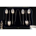 Victorian Period Superb Set of Six Silver Figural Topped Apostle Spoons and Matching Pair of Silver