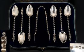 Victorian Period Superb Set of Six Silver Figural Topped Apostle Spoons and Matching Pair of Silver