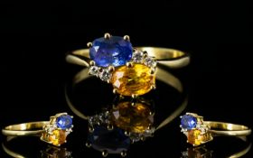 Ladies 18ct Gold Attractive Two Stone Sapphire and Diamond Dress Ring the blue sapphire and