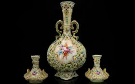 Nippon Style Moriage Ware comprising twin handle lobed vase and accompanying bud vases,