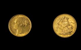 Victoria Young Head 22ct Gold Full Sovereign - Date 1885. Sydney Mint Australia.