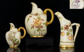 Royal Worcester - Nice Quality Small Collection of Hand Painted Blush Ivory Jugs ( 3 ) In Total. All