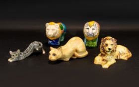 A Collection Of Ceramic Art Pottery Feline Figures Five in total, each in good condition, a varied