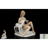 Wallendorf Hand Painted Porcelain Figure Group ' Young Naked Girl Seated with Fawn ' c.1930's.