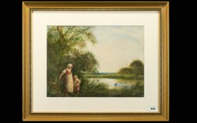 Fred Hines Watercolour, mother and young daughter on the bank watching birds on the river,