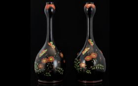 Japanese - Early 20th Century Attractive Pair of Hand Painted Bottle Shaped Vases of Attractive