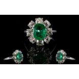 18ct White Gold Diamond & Emerald Cluster Ring Oval Green Emerald Surrounded By 8 Round Cut
