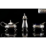 Elizabeth II Matched 3 Piece Silver Cruet Set comprises Pepperette, Salt & Mustard Pot,