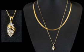 Attractive 9ct Gold Chain with Attached Stone Set Pendant. Marked for 9ct gold. 20" in length.