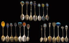 A Good Collection of Silver and Silver Plate Enamel Set Souvenir Spoons,