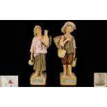 Royal Dux Bohemia Fine Pair of Hand Painted Porcelain Figurines - Depicts Male Seller of Baskets