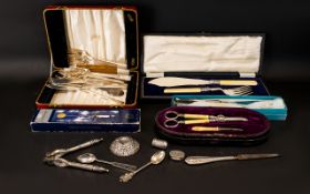 A Mixed Collection Of Plated Items A varied lot to include boxed fish servers, small filigree dish,