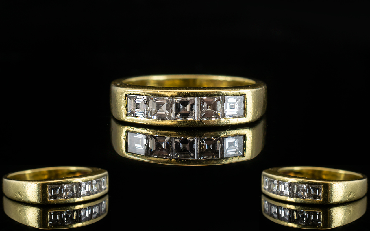 Ladies - Channel Set 18ct Gold Five Stone Diamond Set Ring, The Princess Cut Diamonds of Top Colour.