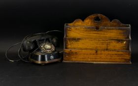 A Vintage Telephone Along With A Wooden Letter Rack To include traditional black and gilt dial