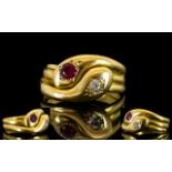 18ct Gold Antique Period Superb Coiled Snakes Dress Ring. Set with Ruby and Diamonds to Snakes Eyes.