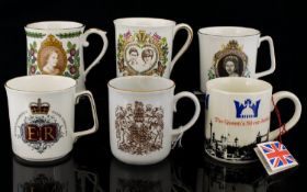 Six Assorted Commemorative Mugs. Includes Silver Jubilee of Queen Elizabeth II Mug made by Royal